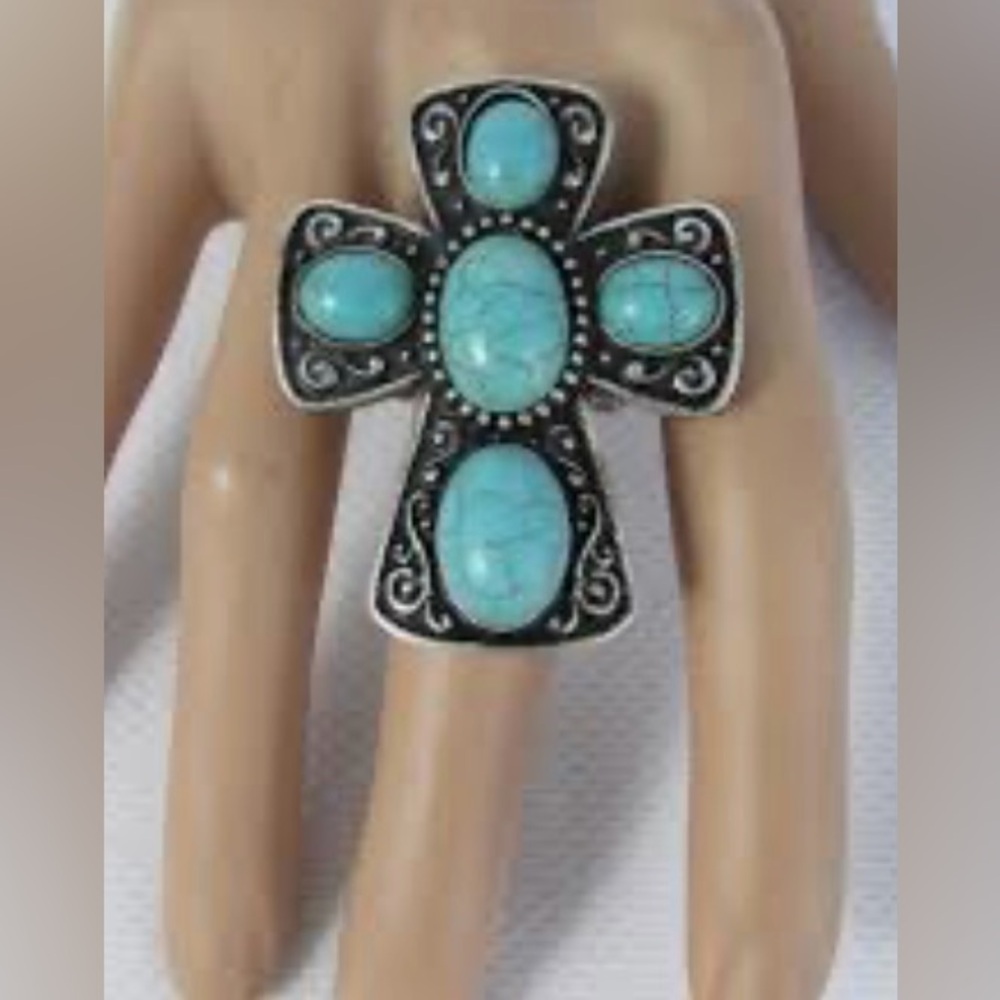 Blue Large Beaded Cross Adjustable Ring - image 2
